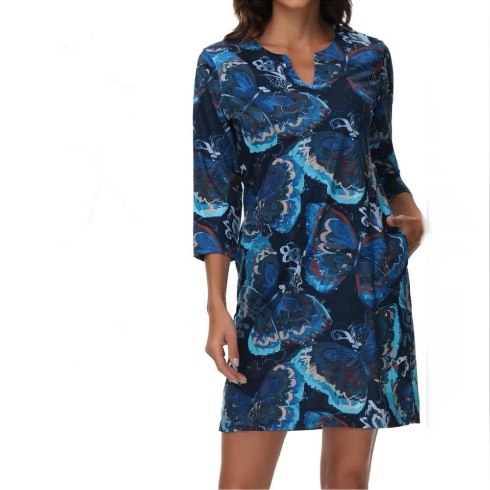 LightBare Women’s Dress UPF 50 Butterfly Artsy Shift Dress Small